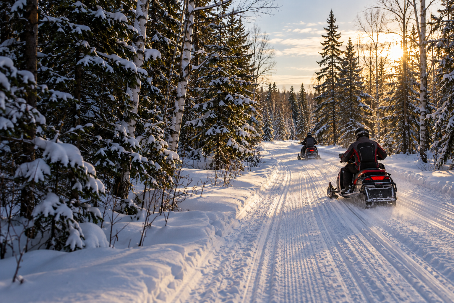 AI-generated scene of snowmobilers riding a snowy forest trail